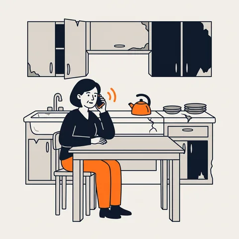 Illustration: a customer at her kitchen table, phoning about a new kitchen.