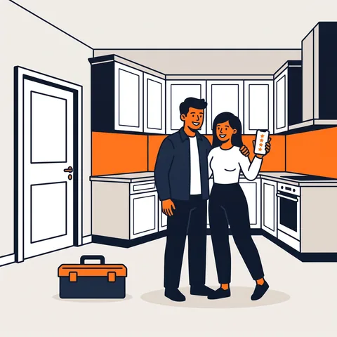 Illustration: a happy couple in their new kitchen leaving a five-star review.